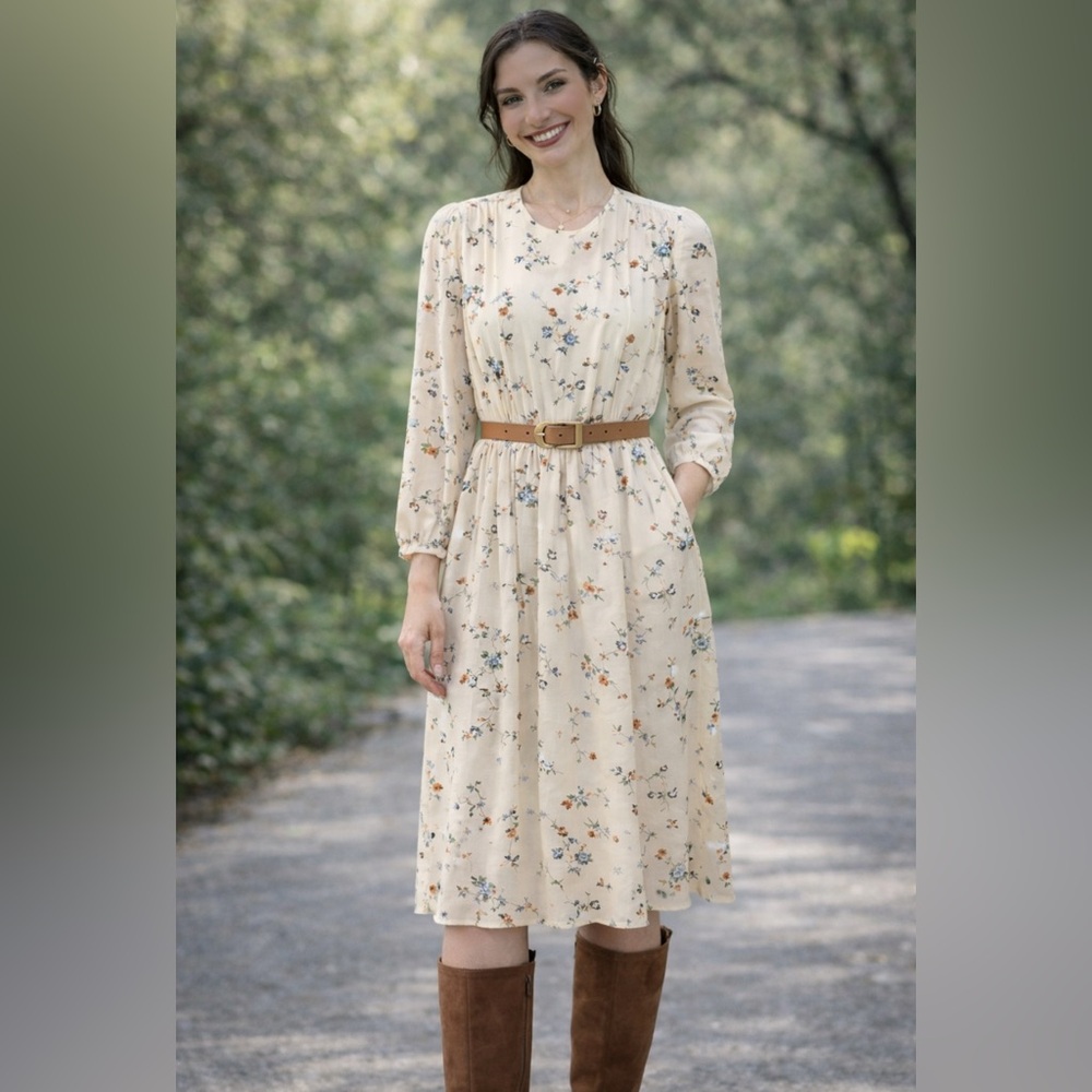 Vintage Maggie London 100% Silk Floral Midi Dress Long Sleeve Size 10